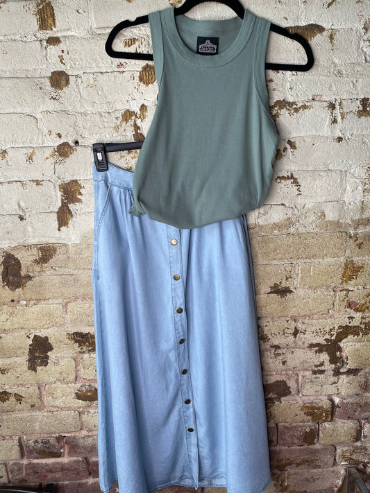 Mist Blue Button Front Long Skirt