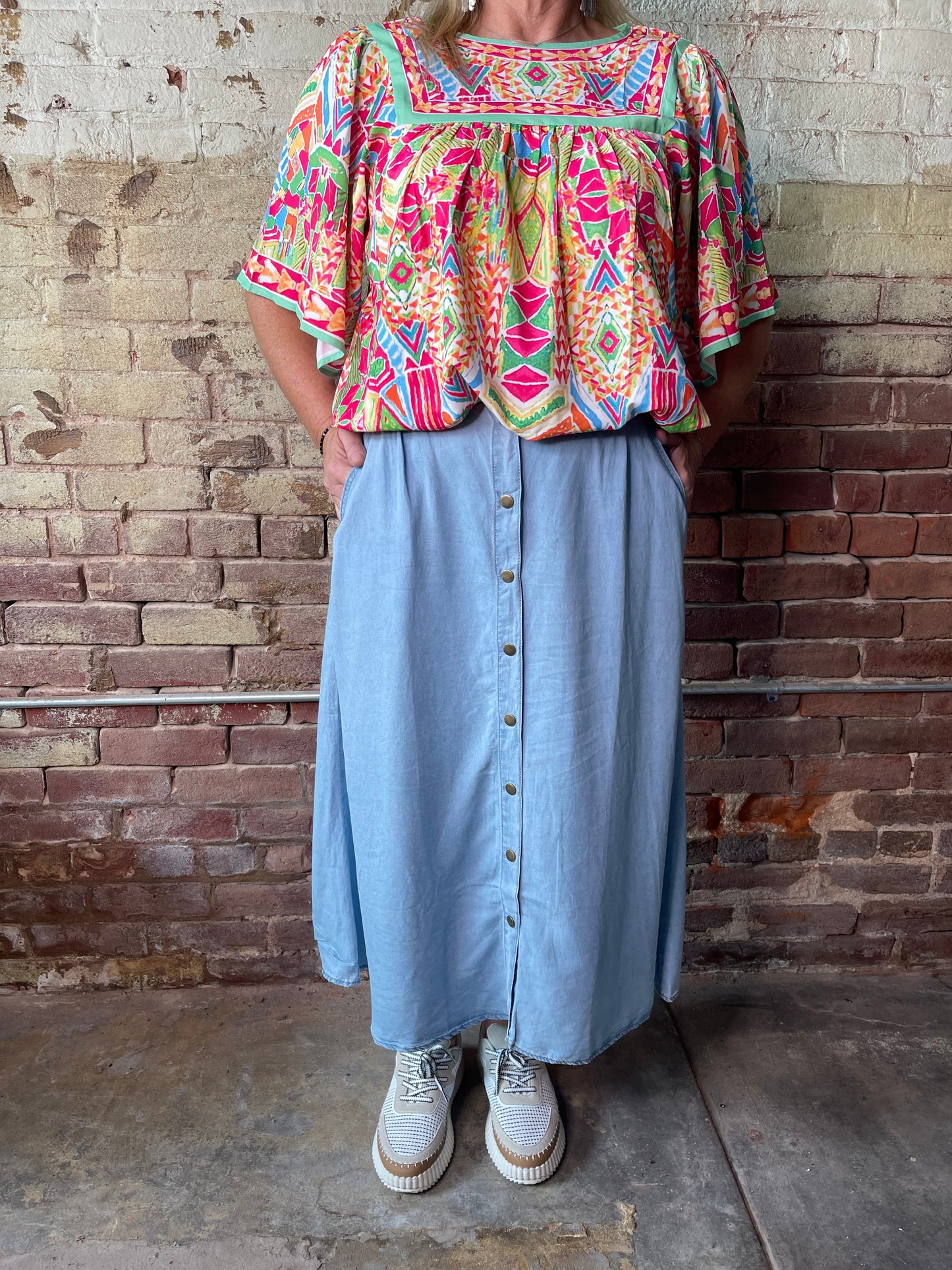 Mist Blue Button Front Long Skirt