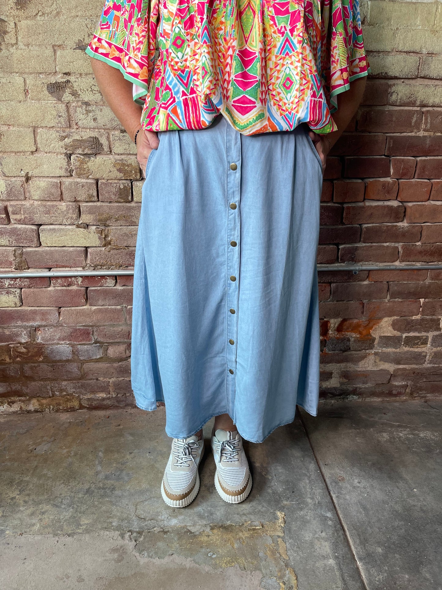 Mist Blue Button Front Long Skirt