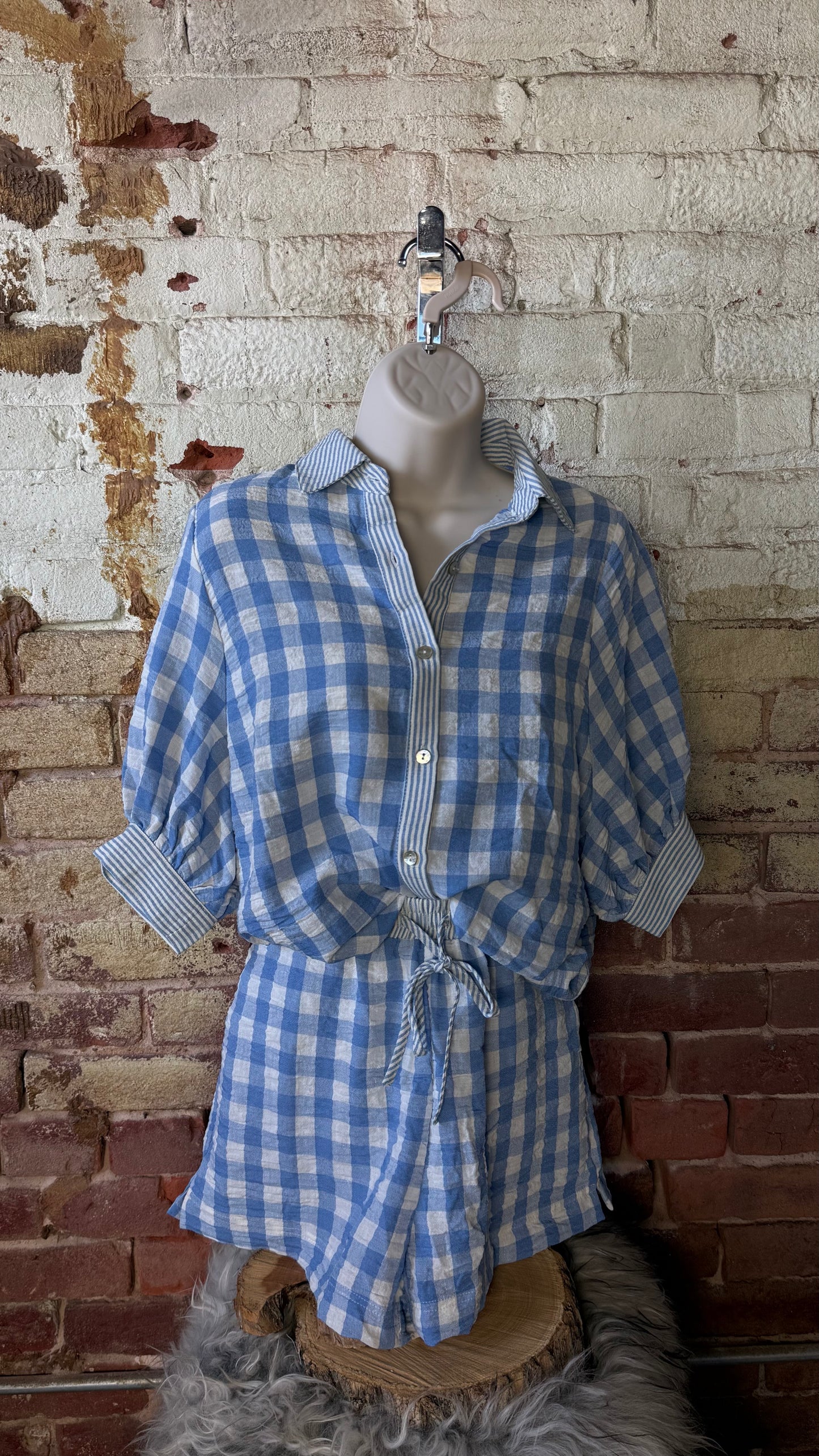 Blue checkered shorts set