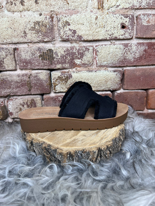 Hold Please - Black Frayed Sandal