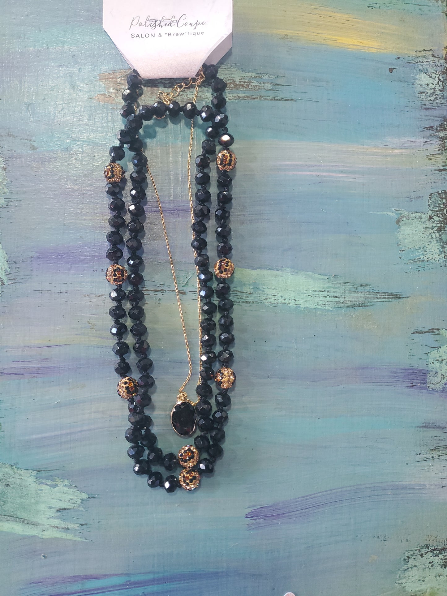 Black Crystal Pendant Beaded Layered Necklace